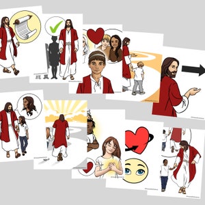 Könnte beinhalten: Ein Satz farbenfroher Illustrationen, die Jesus Christus beim Unterrichten und Interagieren mit Kindern zeigen. Die Illustrationen zeigen verschiedene Szenen, darunter Jesus mit einer Schriftrolle, Jesus mit einem Häkchen, Jesus mit einem Herzen, Jesus, der mit Kindern geht, und Jesus, der nach rechts zeigt. Die Illustrationen eignen sich perfekt für den Einsatz in der Sonntagsschule, im Kindergottesdienst oder zu Hause.