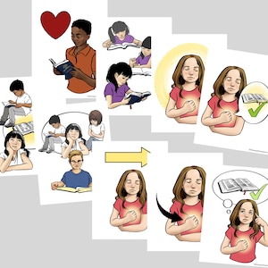 Puede incluir: Ilustraciones de dibujos animados de niños leyendo libros, con un corazón rojo y una niña con una burbuja de pensamiento que muestra un libro con una marca de verificación. Las ilustraciones utilizan colores brillantes y líneas simples.