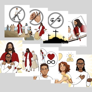 Puede incluir: Un conjunto de ilustraciones coloridas que representan a Jesucristo y sus enseñanzas. Las ilustraciones incluyen a Jesús caminando sobre el agua, Jesús sanando a un ciego, Jesús enseñando a sus discípulos y Jesús siendo crucificado. Las ilustraciones son perfectas para usar en un aula de escuela dominical o para el estudio personal.