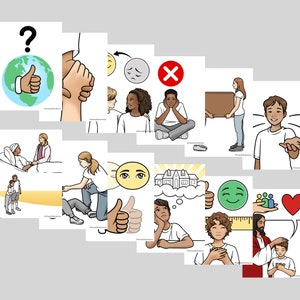 May include: A set of colorful illustrations depicting various scenarios related to helping others. The illustrations include a person helping another person in a hospital bed, a person helping another person up, a person giving a thumbs up, a person thinking about a house, a person with a sad face, a person with a happy face, a person with a cross, a person with a question mark, a person with a thumbs up, a person with a heart, and a person with a group of people.