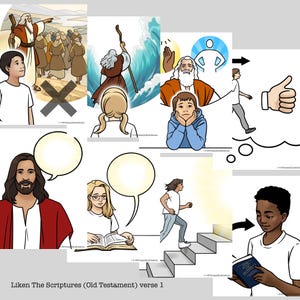May include: A collection of illustrated panels depicting scenes from the Old Testament. The images feature figures like Moses, Jesus, and children, with speech bubbles and the text "Liken The Scriptures (Old Testament) verse 1".