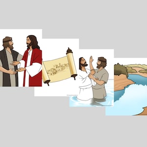 May include: A series of illustrations depicting biblical scenes. One shows two figures conversing, another a scroll with a town, and a third shows a baptism in a river. The illustrations are in a cartoon style.