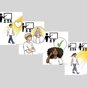May include: Four illustrations depicting different ways to learn. The first shows a person walking towards a heart with a light shining on them. The second shows a person listening to a teacher. The third shows a person listening to a teacher. The fourth shows a person thinking about a check mark.