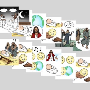 May include: A set of 10 printable cards featuring illustrations of the Nativity story. The cards depict scenes from the Bible story, including the birth of Jesus, the angels singing, and the shepherds visiting the baby Jesus.