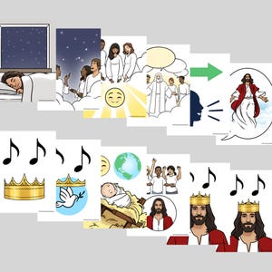 May include: A set of colorful illustrations depicting the story of Jesus Christ. The images include a sleeping child, a star, a crown, a dove, a baby in a manger, a group of people singing, a smiling sun, a man with a beard, and a green arrow.