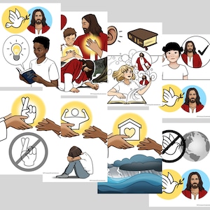 May include: A collection of colorful illustrations depicting various Christian themes, including peace, faith, love, and strength. The illustrations feature images of doves, hands, hearts, and people.