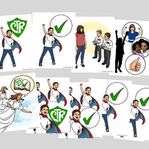 May include: A set of printable images featuring a superhero character with a green shield that says "CTR" and a red cape. The character is shown in various poses, including standing with a raised fist, holding a book, and giving a thumbs up. The images also include check marks and other symbols.