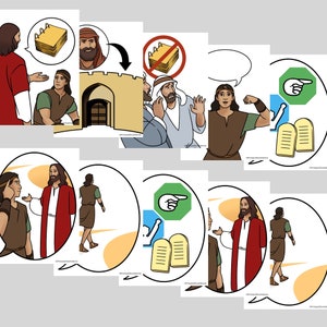 May include: A series of illustrated images depicting a story about Jesus teaching about the law. The images show Jesus speaking to people, a man with a scroll, and a man with a stone tablet. The images are in a cartoon style and are colorful.
