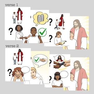 Może przedstawiać: Zbiór ilustrowanych kart o tematyce religijnej. Karty przedstawiają wizerunki Jezusa, dzieci oraz symbole takie jak Dziesięć Przykazań i uścisk dłoni ze znakiem wyboru. Widoczne są teksty "wers 1" i "wers 2".