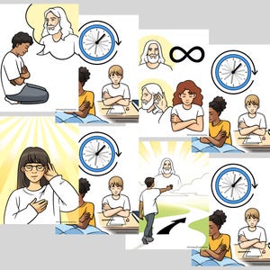 Puede incluir: Un collage de ilustraciones con temas religiosos. Las representaciones incluyen figuras en oración, un reloj con una flecha circular y una figura con un halo. Otras imágenes muestran a personas escuchando y caminando hacia una figura.