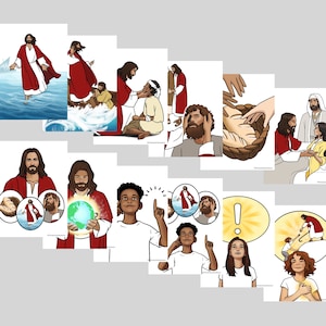 May include: A set of colourful illustrations depicting scenes from the Bible. The illustrations feature Jesus performing miracles, such as healing the sick and walking on water. The illustrations are suitable for use in religious education or for personal devotion.