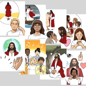 Może przedstawiać: Zbiór kolorowych ilustracji przedstawiających postacie i sceny religijne. Obrazy przedstawiają postacie w czerwonych szatach, interakcje ludzi i nuty muzyczne. Ilustracje są w stylu kreskówkowym, odpowiednie do celów edukacyjnych lub inspiracyjnych.