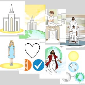 May include: Collection of illustrations featuring religious themes. Includes a white temple, a person praying, a heart outline, a person in a blue dress, and Jesus Christ with open arms. Other images include a checkmark and a globe.