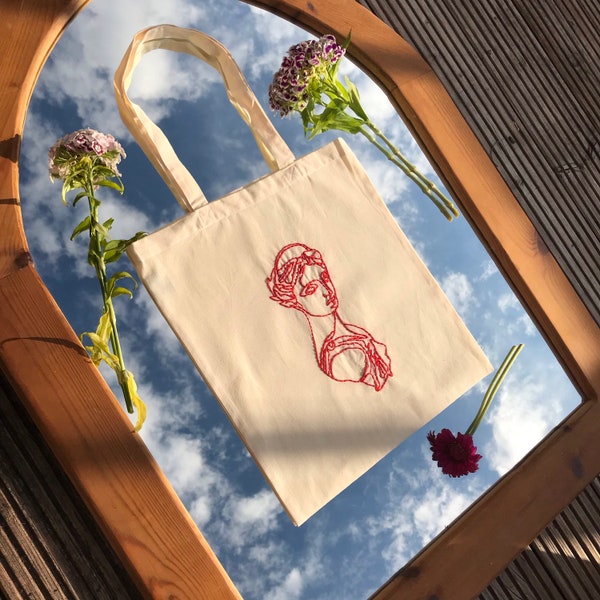 Greek Mythology | Hand Embroidered | Red Tote Bag | Gift, School, Work, Shopping, Beach Bag
