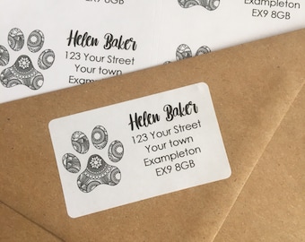 Mandala Paw Print Personalised Address Labels, 42 Custom Self Adhesive Return Address Stickers, Includes 2 A4 sheets