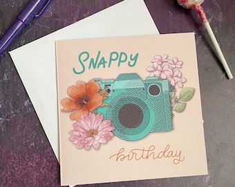 Carte d'anniversaire avec illustration d'anniversaire vif, amateur de photographie, motifs carrés, originaux et rétro