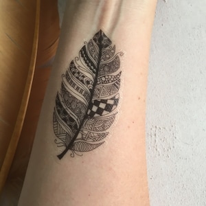 Feather Doodle Temporary Tattoo, set of 2, Hand drawn, Zentangle Design