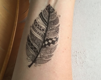 Feather Doodle Temporary Tattoo, set of 2, Hand drawn, Zentangle Design