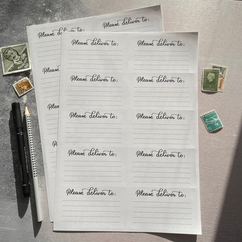May include: A set of blank white cards with the text "Please deliver to:" printed on each card. The cards are arranged in a grid pattern and are ready for writing.