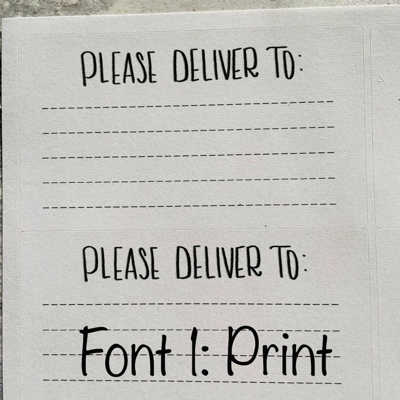 May include: Two blank address labels with the text "PLEASE DELIVER TO:" and a dashed line for writing. The bottom label has the text "Font 1: Print" below the dashed line.