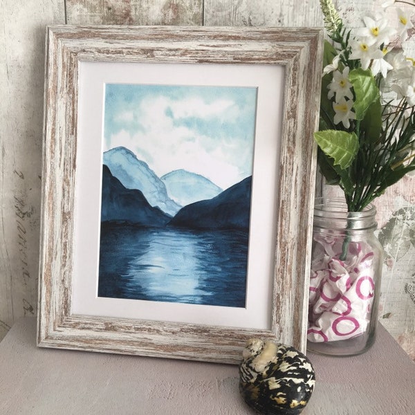 Misty Mountains Watercolour Art Print, A5 size, Wall Art, Blue,