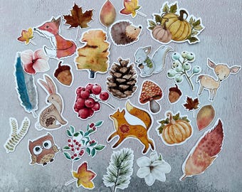Watercolour Woodland Sticker Pack for Planners, Set of 30, Animal Stickers, Autumn, Winter