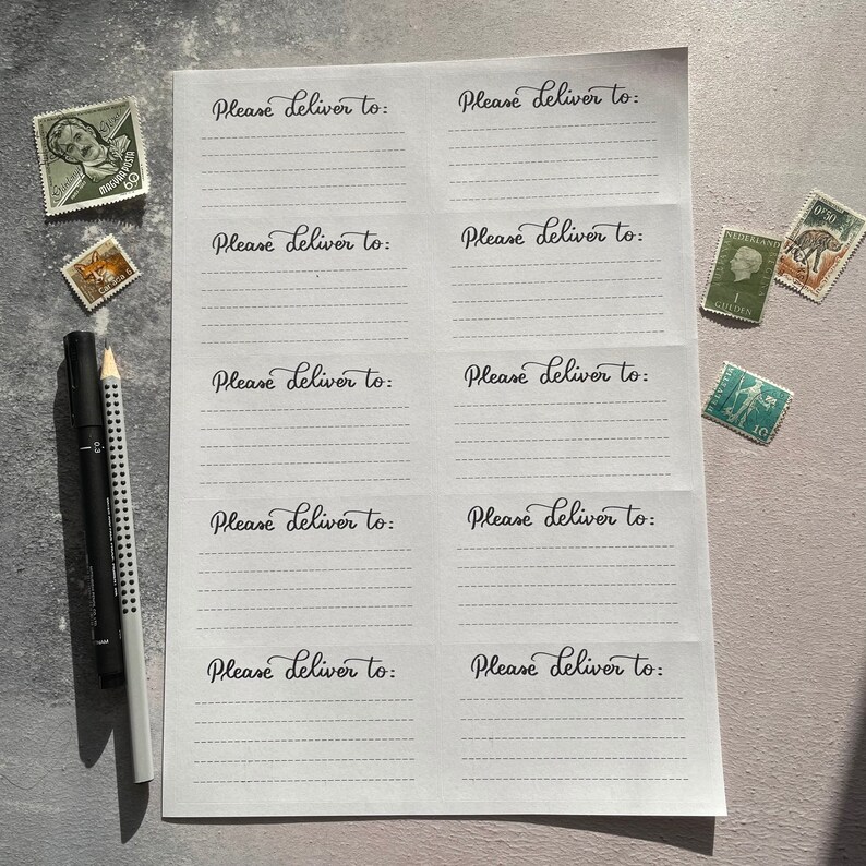 May include: A white sheet of paper with eight lines for writing addresses. Each line is labeled "Please deliver to:" in cursive handwriting.
