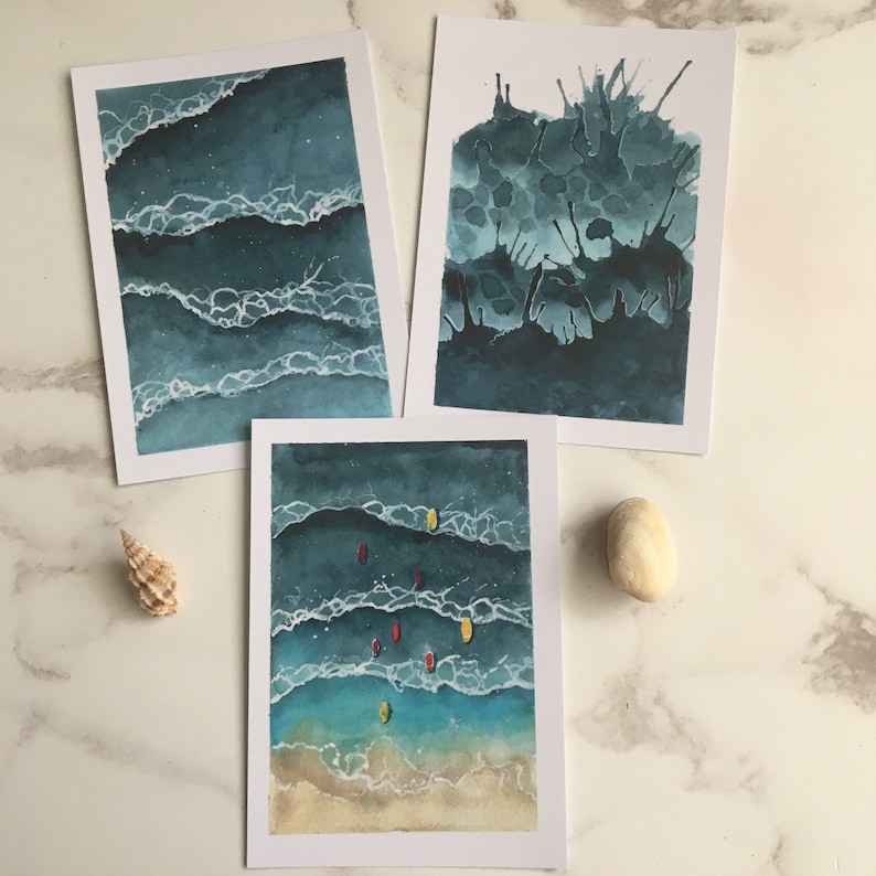Cartes postales aquarelle vagues, lot de 5 impressions A6, peintes à la main, art mural image 3