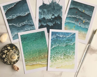 Watercolour Waves Postcards, set of 5 A6 prints, handpainted, wall art