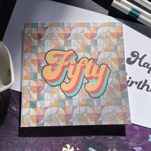 Carte 50e anniversaire, faux mosaïque, carreaux de fausse mosaïque, motifs rétro