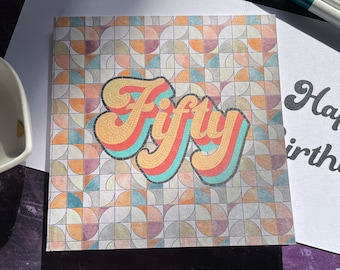 Carte 50e anniversaire, faux mosaïque, carreaux de fausse mosaïque, motifs rétro