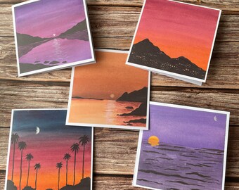 Set of 5 Watercolour Sunset Greeting Cards, Square, Handpainted, original, 140mm