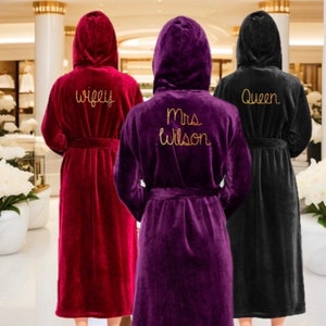 Hooded Robe for Women, Embroidered Robes, Winter Robes, Warm Fleece Bathrobe For Her, Gift for Wife, Fluffy Robe image 1