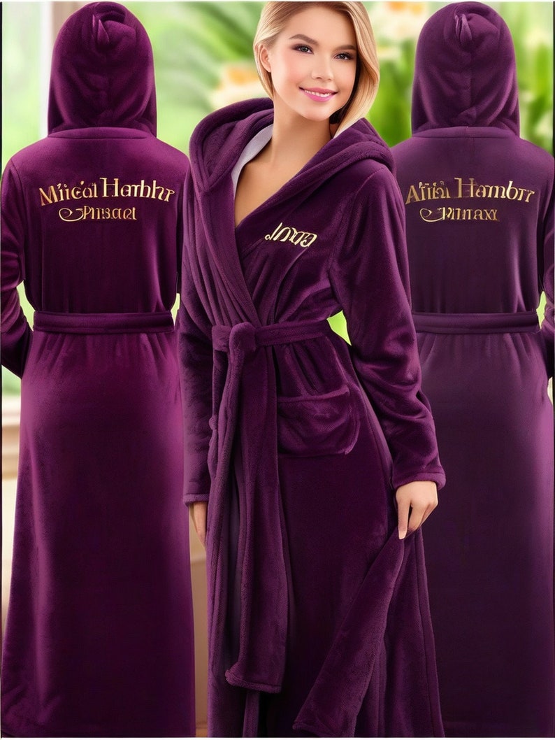 Hooded Robe for Women, Embroidered Robes, Winter Robes, Warm Fleece Bathrobe For Her, Gift for Wife, Fluffy Robe image 4