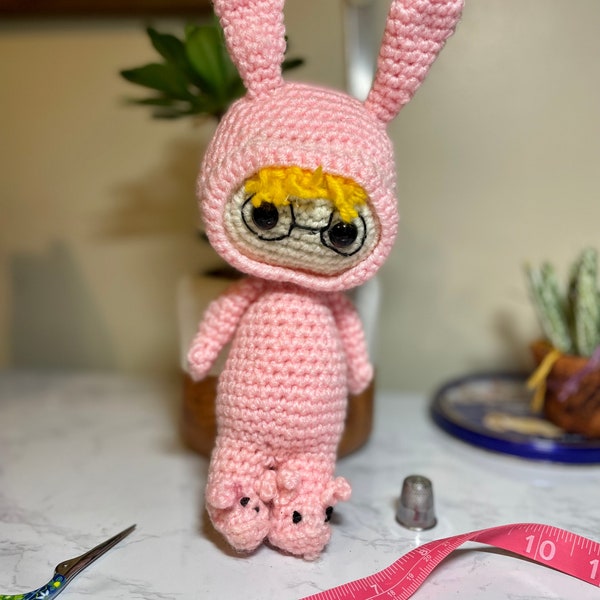 Crocheted Pink Rabbit Christmas Doll, Pink Rabbit Pajamas Doll, Doll with Glasses and Pink Rabbit, Pink Rabbit Christmas Crocheted Doll