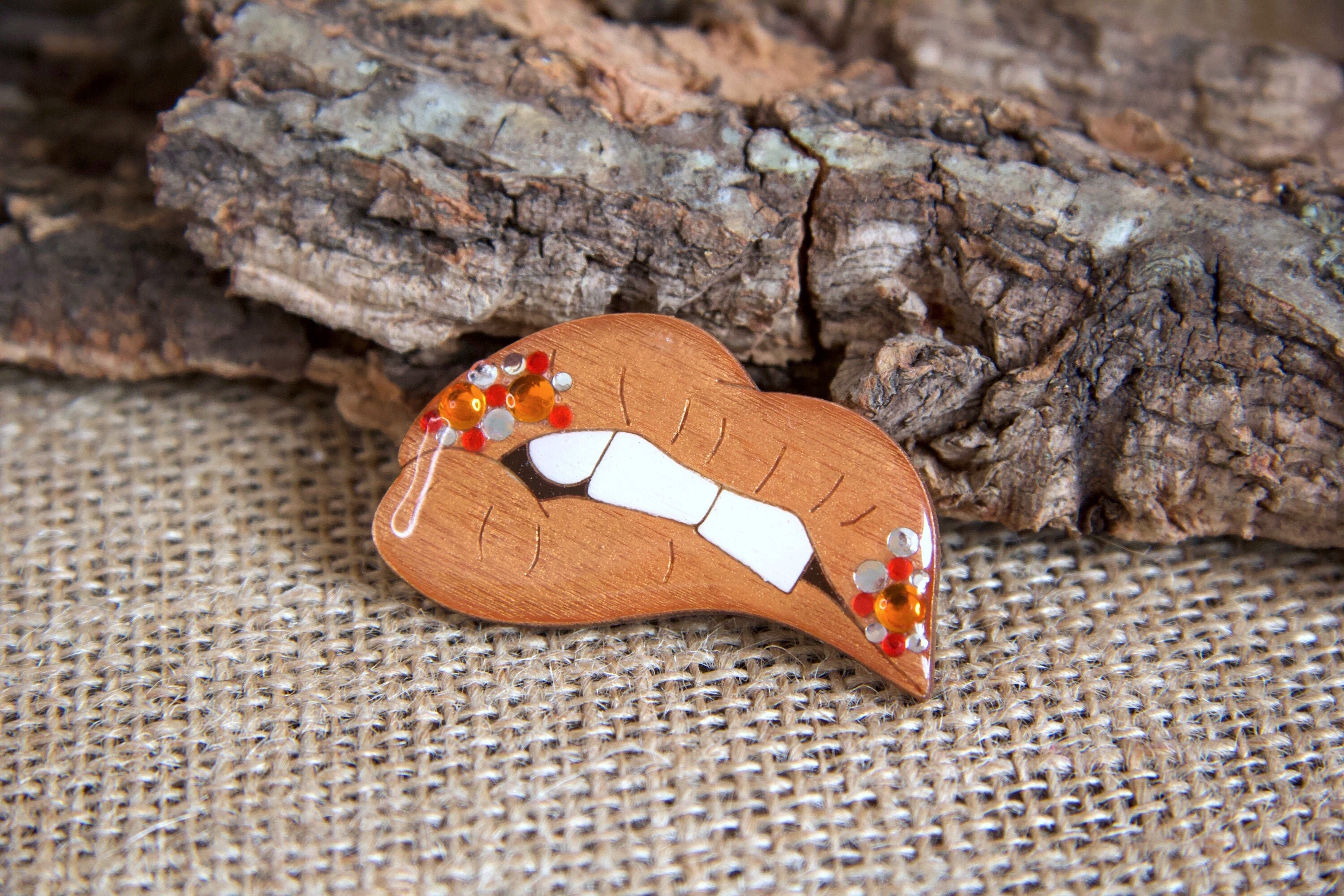 Wooden pins hand painted brooch sparkling lips Etsy