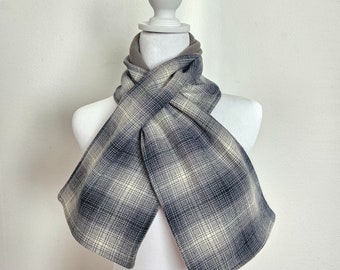 Gray White Plaid Flannel Fleece Pull Through Scarf Keyhole Scarf Neck Warmer Reversible Easy Wear Snug Fit One Size