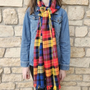 Extra Long Plaid Flannel Scarf with Fringe Shawl Red Yellow Blue Black Cotton 86.5&quot;x17&quot;