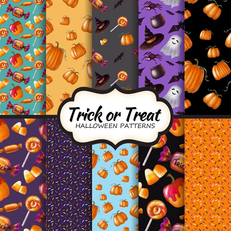 15 X Halloween Trick O Treat Pattern Digital Watercolor Etsy