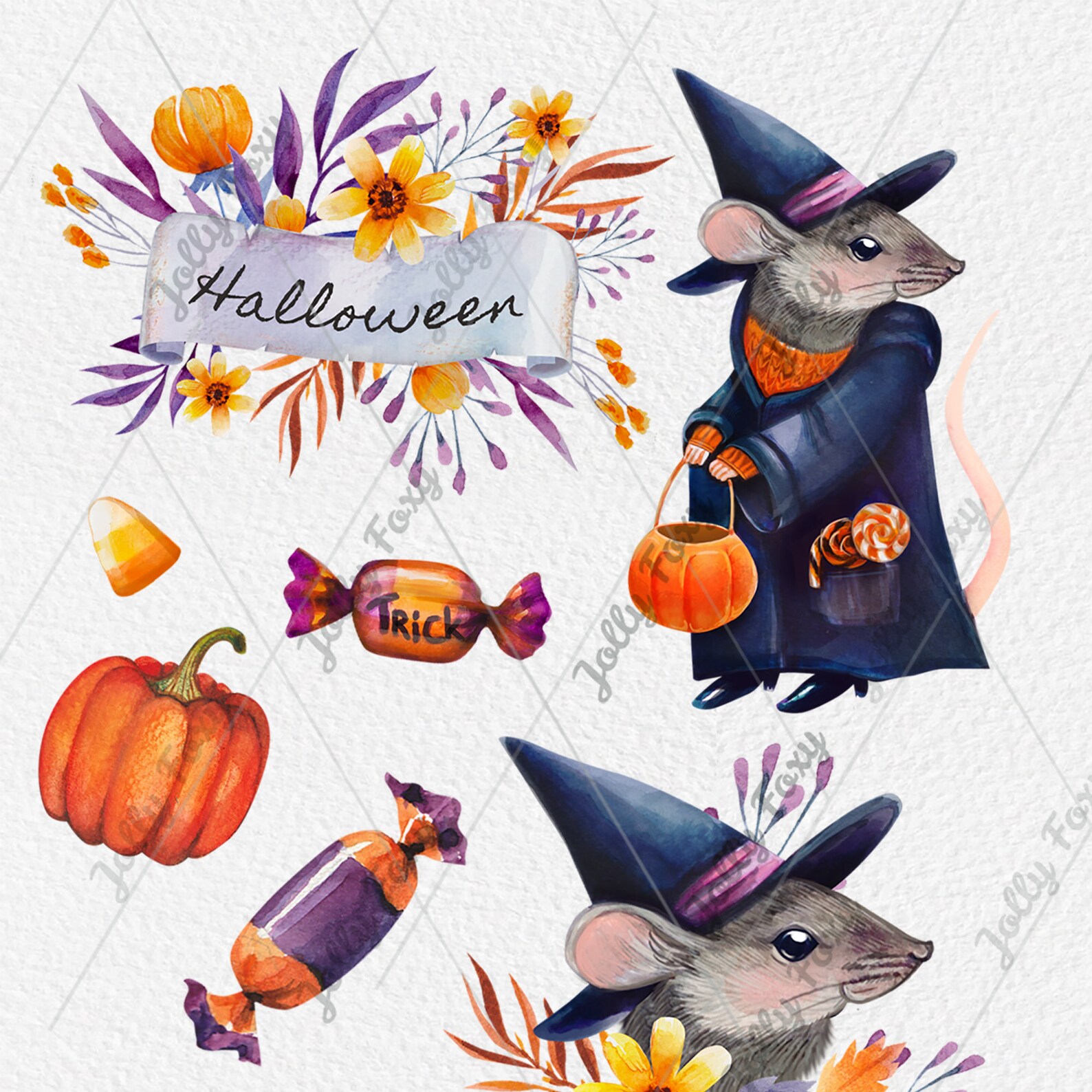 Halloween Rats Watercolor Illustration Clipart Printable Etsy