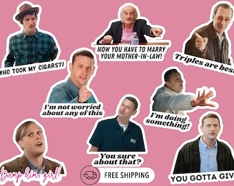 May include: A set of nine stickers featuring humorous quotes and images from a popular television show. The stickers are printed on white paper with black text and images. The stickers are perfect for adding a touch of humor to laptops, water bottles, or other surfaces.