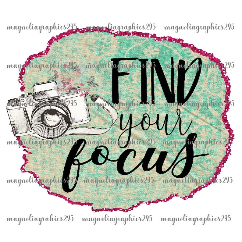 Pode incluir: Uma c&acirc;mera vintage com um fundo rosa e turquesa e o texto "FIND YOUR FOCUS".