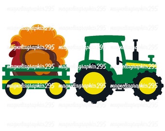 May include: A green tractor pulling a wagon filled with a cooked turkey. The tractor has black tires with yellow centers. The wagon is green with yellow and brown accents. The turkey is brown and orange.