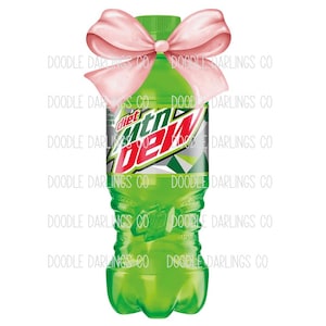 May include: A green plastic bottle of Diet Mountain Dew soda with a pink bow tied around the neck. The bottle has a white label with the words "Diet Mountain Dew" in red and black.