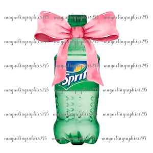 May include: A green glass bottle of Sprite soda with a pink bow tied around the neck. The bottle has the word "Sprite" printed on the front in white.