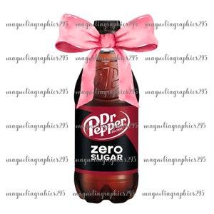 May include: A pink bow tied around a brown glass bottle of Dr Pepper Zero Sugar soda. The bottle has a black label with white text that reads "Dr Pepper Est. 1885 Zero Sugar".
