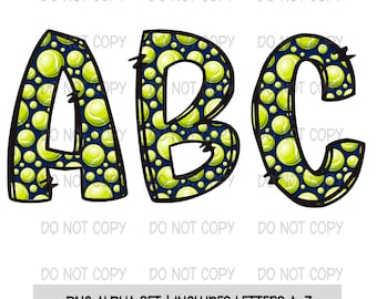 Alfabeto de tenis, letras de doodle, alfabeto de deportes, diseño de sublimación, descarga digital, fuente de doodle imprimible, alfabeto de pelota de tenis