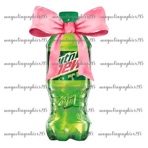 May include: A green Mountain Dew soda bottle with a pink bow tied around the neck. The bottle is on a white background.
