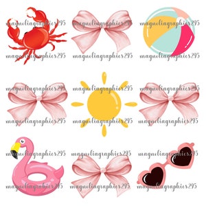 Summer Coquette Bow PNG Design, Girly Summer Sublimation Design, Coquette Bow Summer Design, Crab, Beachball, Sunglasses, Sun, Floatie PNG