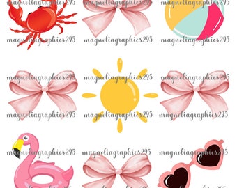 Summer Coquette Bow PNG Design, Girly Summer Sublimation Design, Coquette Bow Summer Design, Crab, Beachball, Sunglasses, Sun, Floatie PNG